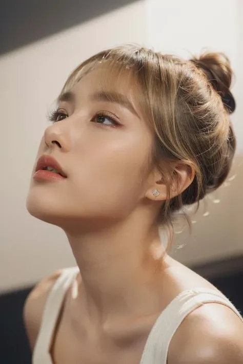 (masterpiece:1.35),(bestquality:1.4),8k,ultra-detailed,photography,(ultra-realistic:1.4),film grain,Fujifilm XT3,1girl,aisan slim female,solo,eyeliner,eyelashes,eyeshadow,lips,random_color_lipstick,random_color_nail_polish,stylish_chlothing,(Excited,Specular highlight lighting,Eye-Contact,subject look up:1.45),(Medium blonde Hair,half updo,Ponytail with Bangs,hair over eyes:1.37),