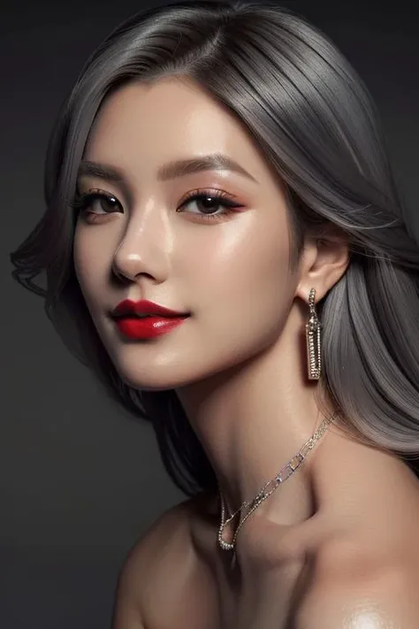 (masterpiece:1.21),(bestquality:1.21),8k,high detailed,ultra-detailed,depth of field,wide angle,1girl,beautiful face,Graceful Hands,Real Skin Texture,solo,looking at viewer,clean background trending,(portrait photo of a gray backdrop),black eyes,beautiful detailed eyes,random_color_lipstick,eyeliner,eyelashes,random_color_nail_polish,earrings,necklace,
streaked hair,floating hair,Teasing Smile,cinematic lighting,