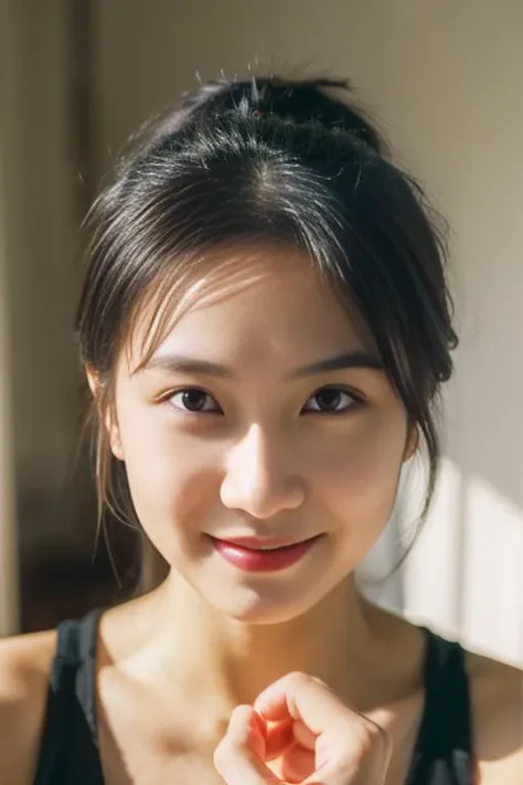 (((masterpiece))),((bestquality)),8k,high detailed,ultra-detailed,photography,award winning,documentary,Original Photo,Realisticity,(simple background:1.35),1girl,solo,((Asian slim girl)),solo,beautiful asian girl face,slim body,((real skin texture)),(well-proportioned hands),make up,eyeliner,eyelashes,lipstick,nail polish,earring,((portrait:1.22)),
Giggling,No Mouth,([Energy-efficient lighting|Low key lighting|rim lights|Ambient lighting]),in the studio,[look at viewer|peace symbol|Hair_Pull|arm support|stylish pose|Imagining],streaked hair,punk head,<lora:FilmVelvia3:1>,