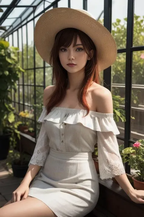 ((masterpiece)),((bestquality)),8k,high detailed,ultra-detailed, depth of field, wide angle,1girl, female focus, solo, beautiful face, Neutral Expression, Stylish Pose, ,real skin texture,front lighting,portrait, slim bodyshape,skinny,off-shoulder_dress,Cowboy hat,lying,skirt basket,greenhouse,red hair,short hair with long locks,side blunt bangs,