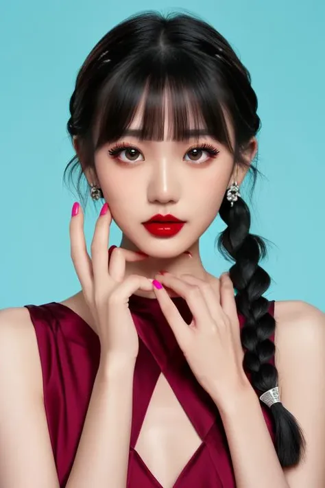 (((masterpiece))),((bestquality)),8k,high detailed,ultra-detailed,photography,award winning,documentary,Original Photo,Realisticity,(EOS R8,50mm,F1.2,8K,RAW photo:1.2),(Radom simple color background:1.35),1girl,(solo),slim asian girl,beautiful face,slim body,((real skin texture)),(well-proportioned hands),((random color dress)),makeup foundatiom,eyeliner,eyelashes,random color lipstick,random color nail polish,makeup,earring,Happy Tears,Black Hair,parted bangs,black long straight,braid,