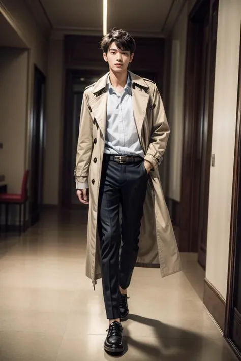 ((masterpiece)),((bestquality)),8k,high detailed,ultra-detailed,photography,award winning,documentary,Original Photo,Realisticity,(indoors background:1.35),1boy,solo male,slim Asian boy,male focus,solo,handsome face,real skin texture,well-proportioned hands,think eyebrow,medium full shot,(different face features:1.45),([Shelf lighting|Chiaroscuro lighting|clean background trending|Specular lighting]),portrait,[Stare|skirt lift|waving arms|outstretched arms|prone bone|Fishing],<lora:add_detail:0.95>,<lora:muscle_slider_v1:-0.35>,<lora:weight_slider_v2:-0.35>,Grin,Mouth Hold,Trench coat,Suit pants,Casual shoes,Western hat,Afro Haircut,Stubble,