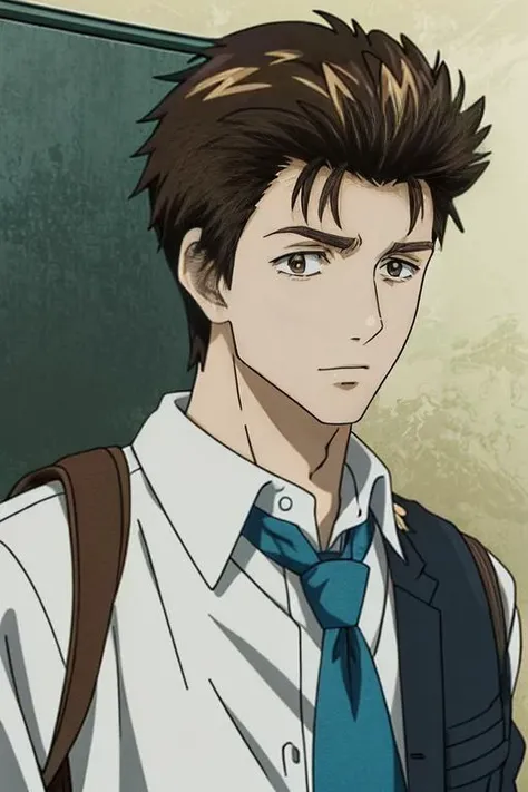(masterpiece:1.21),(illustration:1.1),best quality,delicate details,refined rendering,Anime style,anime cgi,extremely detailed CG unity 8k wallpaper,shinichi,1boy,adult,185cm slim male,tall,thin,solo,portrait,necktie,<lora:add_detail:1>,going to school with a schoolbag,<lora:Parasyte-shinichi:1>,shinichi