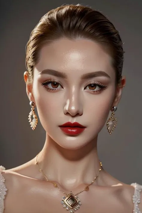 (masterpiece:1.21),(bestquality:1.21),8k,high detailed,ultra-detailed,depth of field,wide angle,1girl,beautiful face,Graceful Hands,Real Skin Texture,solo,looking at viewer,clean background trending,(portrait photo of a gray backdrop),black eyes,beautiful detailed eyes,random_color_lipstick,eyeliner,eyelashes,random_color_nail_polish,earrings,necklace,
Golden brown Hair,slicked Back hair,Happy Valentine,cinematic lighting,
