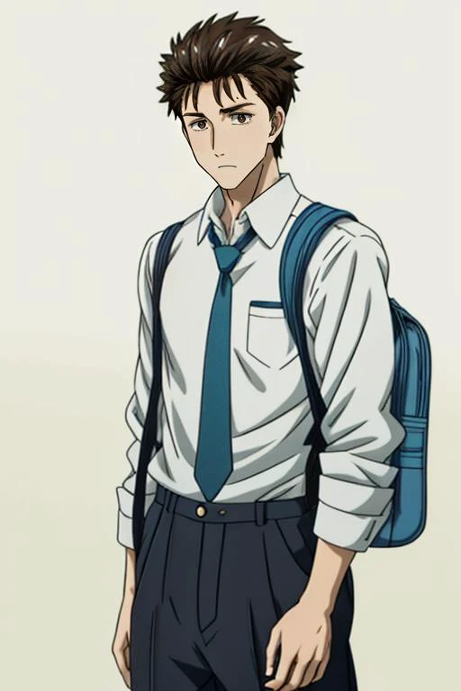 (masterpiece:1.21),(illustration:1.1),best quality,delicate details,refined rendering,Anime style,anime cgi,extremely detailed CG unity 8k wallpaper,shinichi,1boy,adult,185cm slim male,tall,thin,solo,portrait,necktie,<lora:add_detail:1>,going to school with a schoolbag,<lora:Parasyte-shinichi:1>,shinichi