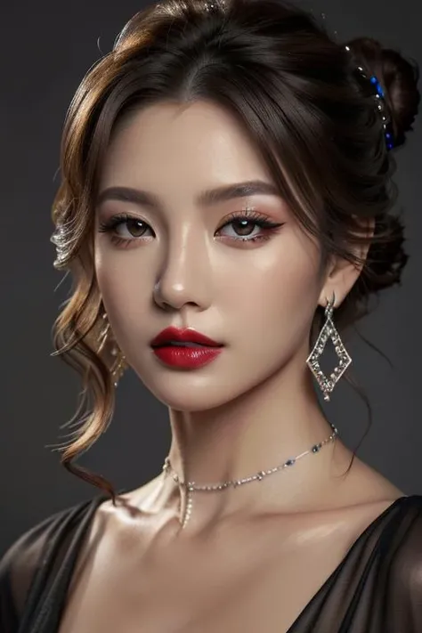 (masterpiece:1.21),(bestquality:1.21),8k,high detailed,ultra-detailed,depth of field,wide angle,1girl,beautiful face,Graceful Hands,Real Skin Texture,solo,looking at viewer,clean background trending,(portrait photo of a gray backdrop),black eyes,beautiful detailed eyes,random_color_lipstick,eyeliner,eyelashes,random_color_nail_polish,earrings,necklace,
streaked hair,hair bun,Happy New Year,cinematic lighting,