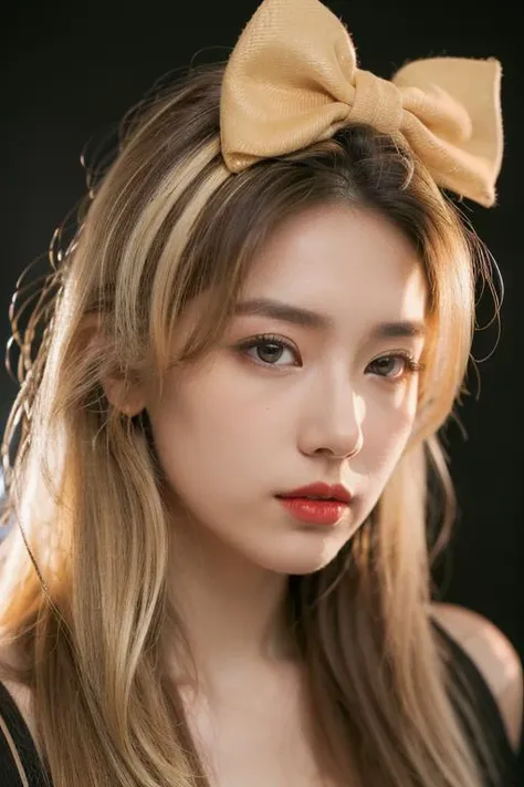 (masterpiece:1.35),(bestquality:1.4),8k,ultra-detailed,photography,(ultra-realistic:1.4),film grain,Fujifilm XT3,1girl,aisan slim female,solo,eyeliner,eyelashes,eyeshadow,lips,random_color_lipstick,random_color_nail_polish,stylish_chlothing,(Embarrass,Light painting,Looking To The Side,subject look down:1.45),(Honey blonde Hair,bow-shaped hair,messy hair,hair over eyes:1.37),