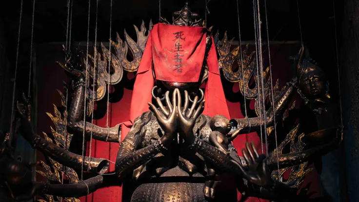 ((masterpiece)),((bestquality)),8k,high detailed,f/2.8,Multi-armed deity,Black statue,Red cloth,Illuminated from above,Red curtain,Cults,evil gods,cursed gods,Ratnasambhava Buddha,