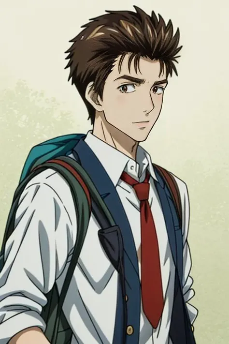 (masterpiece:1.21),(illustration:1.1),best quality,delicate details,refined rendering,Anime style,anime cgi,extremely detailed CG unity 8k wallpaper,shinichi,1boy,adult,185cm slim male,tall,thin,solo,portrait,necktie,<lora:add_detail:1>,going to school with a schoolbag,<lora:Parasyte-shinichi:1>,shinichi