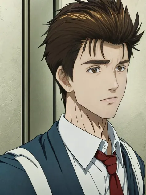 (masterpiece:1.21),(illustration:1.1),best quality,delicate details,refined rendering,Anime style,anime cgi,extremely detailed CG unity 8k wallpaper,shinichi,1boy,adult,185cm slim male,tall,thin,solo,portrait,necktie,<lora:add_detail:1>,going to school with a schoolbag,<lora:Parasyte-shinichi:1>,shinichi