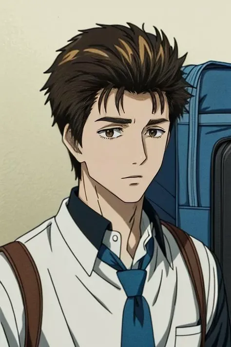 (masterpiece:1.21),(illustration:1.1),best quality,delicate details,refined rendering,Anime style,anime cgi,extremely detailed CG unity 8k wallpaper,shinichi,1boy,adult,185cm slim male,tall,thin,solo,portrait,necktie,<lora:add_detail:1>,going to school with a schoolbag,<lora:Parasyte-shinichi:1>,shinichi