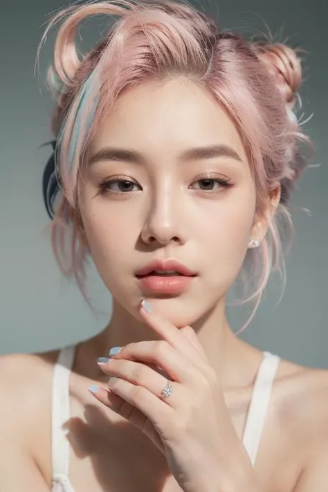(masterpiece:1.35),(bestquality:1.4),8k,ultra-detailed,photography,(ultra-realistic:1.4),film grain,Fujifilm XT3,1girl,aisan slim female,solo,eyeliner,eyelashes,eyeshadow,lips,random_color_lipstick,random_color_nail_polish,stylish_chlothing,(Epic Detail,Snoot lighting,Looking At Hand,ground view up:1.45),(Pastel pink Hair,one side up,punk head,hair over eyes:1.37),