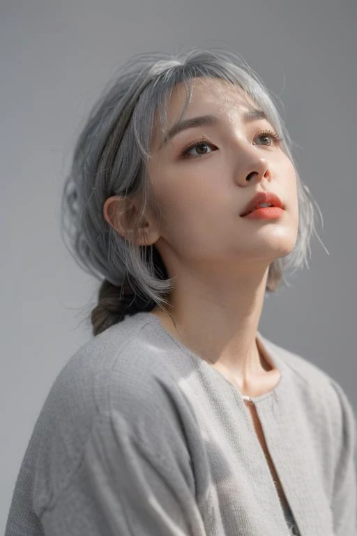 (masterpiece:1.35),(bestquality:1.4),8k,ultra-detailed,photography,(ultra-realistic:1.4),film grain,Fujifilm XT3,1girl,aisan slim female,solo,eyeliner,eyelashes,eyeshadow,lips,random_color_lipstick,random_color_nail_polish,stylish_chlothing,(Thinking,Staged lighting,Looking Away,looking up:1.45),(Light grey Hair,braid,Bob Cut,parted bangs:1.37),