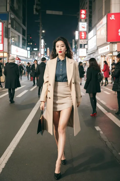 (masterpiece:1.35),(bestquality:1.4),8k,ultra-detailed,photography,(ultra-realistic:1.4),Art Composition,1girl,(solo:1.412),portrait,Asian girl,high-quality photo,cinematic film still,shallow,depth of field,vignette,highly detailed,high budget,bokeh,cinemascope,moody,epic,gorgeous,film grain,grainy,fashionable outfit,long coat,shirt,short skirt,high-heeled shoes,black long hair,earrings,red lipstick,Tokyo street,walking,shopping,Tokyo Tower,photo-realistic style,trendy,detailed,vibrant colors,natural lighting,urban setting,street fashion,stylish pose,confident expression,vibrant city life,modern metropolis,