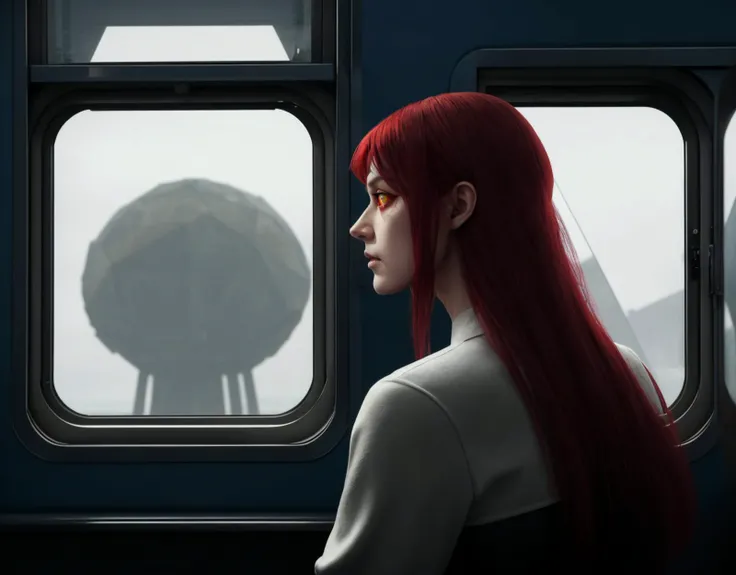 three cornered window, back of head shot of (woman looking out of triangle window:1.1), 3rd person, Looking out the triangular window of a (train:1.1) with triangular windows, triangular windows and triangular, wheels, in a fantasy world,
psychedelic, geometric, vivid light, high contrast, triadic colors, dark shadows, explosions, nuclear mushroom cloud, nuclear explosion, dystopian nightmare,
(beautiful composition),
21 yo woman,