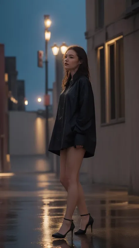 ((best quality)),8k,high detailed,ultra-detailed,midnight ambiance,Big Ben chimes,solitary figure under streetlamp,torrential rain,high heels standing out,sorrowful yet elegant pose,elusive identity,struggling to find self,flickering streetlights,air of menace,chaos,silhouette reflecting internal turmoil,profound heartache,elegant persistence,repeated sighs,self-reflection,societal roles,personal daily masks,price of love,lost souls,desire for belonging,night wanderer,seeking comfort,Whiskey warmth,Bossa Nova rhythm,nighttime ballroom,escapism,music and alcohol solace,full body shot,(dark moody lighting:1.1),(wet reflective surfaces:1.1),(detailed close-up of raindrops on surfaces:1.1),(flash of neon signs:1.2),(Cityscape as backdrop:1.1),(shadowy figures in the background:0.9),Solo performance in an urban setting,An array of expressions conveying desolation,Detailed texture of a rain-soaked garment,Emphasis on the contrast between light and darkness,Implied narrative of searching for home or wandering aimlessly,The physical stance of resilience in adversity,The abstraction of losing oneself or direction,Visual metaphor for societal expectations,Intertwining of personal and public personas,Reflection on the sacrifices made for love,Portrayal of loneliness among the crowd,Rain-splattered window showing the outside world,Whiskey glass with intricate details reflecting light,Intimate focus on character amidst expansive isolation,Elements indicating a yearning for genuine connection,Representation of the struggle between identity and anonymity,Brushstrokes suggesting movement through space and time,Composition that balances between visibility and obscurity,Capturing the moment just before or after decisive action,The depth of solitude amidst an otherwise lively ambiance,