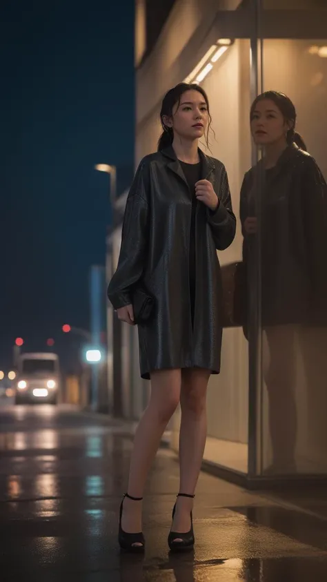 ((best quality)),8k,high detailed,ultra-detailed,midnight ambiance,Big Ben chimes,solitary figure under streetlamp,torrential rain,high heels standing out,sorrowful yet elegant pose,elusive identity,struggling to find self,flickering streetlights,air of menace,chaos,silhouette reflecting internal turmoil,profound heartache,elegant persistence,repeated sighs,self-reflection,societal roles,personal daily masks,price of love,lost souls,desire for belonging,night wanderer,seeking comfort,Whiskey warmth,Bossa Nova rhythm,nighttime ballroom,escapism,music and alcohol solace,full body shot,(dark moody lighting:1.1),(wet reflective surfaces:1.1),(detailed close-up of raindrops on surfaces:1.1),(flash of neon signs:1.2),(Cityscape as backdrop:1.1),(shadowy figures in the background:0.9),Solo performance in an urban setting,An array of expressions conveying desolation,Detailed texture of a rain-soaked garment,Emphasis on the contrast between light and darkness,Implied narrative of searching for home or wandering aimlessly,The physical stance of resilience in adversity,The abstraction of losing oneself or direction,Visual metaphor for societal expectations,Intertwining of personal and public personas,Reflection on the sacrifices made for love,Portrayal of loneliness among the crowd,Rain-splattered window showing the outside world,Whiskey glass with intricate details reflecting light,Intimate focus on character amidst expansive isolation,Elements indicating a yearning for genuine connection,Representation of the struggle between identity and anonymity,Brushstrokes suggesting movement through space and time,Composition that balances between visibility and obscurity,Capturing the moment just before or after decisive action,The depth of solitude amidst an otherwise lively ambiance,