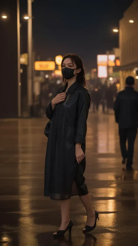 ((best quality)),8k,high detailed,ultra-detailed,midnight ambiance,Big Ben chimes,solitary figure under streetlamp,torrential rain,high heels standing out,sorrowful yet elegant pose,elusive identity,struggling to find self,flickering streetlights,air of menace,chaos,silhouette reflecting internal turmoil,profound heartache,elegant persistence,repeated sighs,self-reflection,societal roles,personal daily masks,price of love,lost souls,desire for belonging,night wanderer,seeking comfort,Whiskey warmth,Bossa Nova rhythm,nighttime ballroom,escapism,music and alcohol solace,full body shot,(dark moody lighting:1.1),(wet reflective surfaces:1.1),(detailed close-up of raindrops on surfaces:1.1),(flash of neon signs:1.2),(Cityscape as backdrop:1.1),(shadowy figures in the background:0.9),Solo performance in an urban setting,An array of expressions conveying desolation,Detailed texture of a rain-soaked garment,Emphasis on the contrast between light and darkness,Implied narrative of searching for home or wandering aimlessly,The physical stance of resilience in adversity,The abstraction of losing oneself or direction,Visual metaphor for societal expectations,Intertwining of personal and public personas,Reflection on the sacrifices made for love,Portrayal of loneliness among the crowd,Rain-splattered window showing the outside world,Whiskey glass with intricate details reflecting light,Intimate focus on character amidst expansive isolation,Elements indicating a yearning for genuine connection,Representation of the struggle between identity and anonymity,Brushstrokes suggesting movement through space and time,Composition that balances between visibility and obscurity,Capturing the moment just before or after decisive action,The depth of solitude amidst an otherwise lively ambiance,
