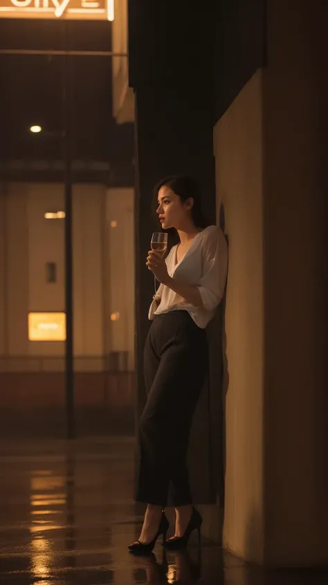 ((best quality)),8k,high detailed,ultra-detailed,midnight ambiance,Big Ben chimes,solitary figure under streetlamp,torrential rain,high heels standing out,sorrowful yet elegant pose,elusive identity,struggling to find self,flickering streetlights,air of menace,chaos,silhouette reflecting internal turmoil,profound heartache,elegant persistence,repeated sighs,self-reflection,societal roles,personal daily masks,price of love,lost souls,desire for belonging,night wanderer,seeking comfort,Whiskey warmth,Bossa Nova rhythm,nighttime ballroom,escapism,music and alcohol solace,full body shot,(dark moody lighting:1.1),(wet reflective surfaces:1.1),(detailed close-up of raindrops on surfaces:1.1),(flash of neon signs:1.2),(Cityscape as backdrop:1.1),(shadowy figures in the background:0.9),Solo performance in an urban setting,An array of expressions conveying desolation,Detailed texture of a rain-soaked garment,Emphasis on the contrast between light and darkness,Implied narrative of searching for home or wandering aimlessly,The physical stance of resilience in adversity,The abstraction of losing oneself or direction,Visual metaphor for societal expectations,Intertwining of personal and public personas,Reflection on the sacrifices made for love,Portrayal of loneliness among the crowd,Rain-splattered window showing the outside world,Whiskey glass with intricate details reflecting light,Intimate focus on character amidst expansive isolation,Elements indicating a yearning for genuine connection,Representation of the struggle between identity and anonymity,Brushstrokes suggesting movement through space and time,Composition that balances between visibility and obscurity,Capturing the moment just before or after decisive action,The depth of solitude amidst an otherwise lively ambiance,