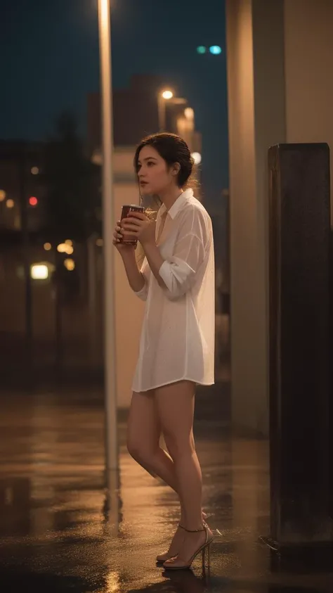 ((best quality)),8k,high detailed,ultra-detailed,midnight ambiance,Big Ben chimes,solitary figure under streetlamp,torrential rain,high heels standing out,sorrowful yet elegant pose,elusive identity,struggling to find self,flickering streetlights,air of menace,chaos,silhouette reflecting internal turmoil,profound heartache,elegant persistence,repeated sighs,self-reflection,societal roles,personal daily masks,price of love,lost souls,desire for belonging,night wanderer,seeking comfort,Whiskey warmth,Bossa Nova rhythm,nighttime ballroom,escapism,music and alcohol solace,full body shot,(dark moody lighting:1.1),(wet reflective surfaces:1.1),(detailed close-up of raindrops on surfaces:1.1),(flash of neon signs:1.2),(Cityscape as backdrop:1.1),(shadowy figures in the background:0.9),Solo performance in an urban setting,An array of expressions conveying desolation,Detailed texture of a rain-soaked garment,Emphasis on the contrast between light and darkness,Implied narrative of searching for home or wandering aimlessly,The physical stance of resilience in adversity,The abstraction of losing oneself or direction,Visual metaphor for societal expectations,Intertwining of personal and public personas,Reflection on the sacrifices made for love,Portrayal of loneliness among the crowd,Rain-splattered window showing the outside world,Whiskey glass with intricate details reflecting light,Intimate focus on character amidst expansive isolation,Elements indicating a yearning for genuine connection,Representation of the struggle between identity and anonymity,Brushstrokes suggesting movement through space and time,Composition that balances between visibility and obscurity,Capturing the moment just before or after decisive action,The depth of solitude amidst an otherwise lively ambiance,