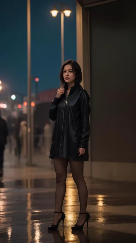 ((best quality)),8k,high detailed,ultra-detailed,midnight ambiance,Big Ben chimes,solitary figure under streetlamp,torrential rain,high heels standing out,sorrowful yet elegant pose,elusive identity,struggling to find self,flickering streetlights,air of menace,chaos,silhouette reflecting internal turmoil,profound heartache,elegant persistence,repeated sighs,self-reflection,societal roles,personal daily masks,price of love,lost souls,desire for belonging,night wanderer,seeking comfort,Whiskey warmth,Bossa Nova rhythm,nighttime ballroom,escapism,music and alcohol solace,full body shot,(dark moody lighting:1.1),(wet reflective surfaces:1.1),(detailed close-up of raindrops on surfaces:1.1),(flash of neon signs:1.2),(Cityscape as backdrop:1.1),(shadowy figures in the background:0.9),Solo performance in an urban setting,An array of expressions conveying desolation,Detailed texture of a rain-soaked garment,Emphasis on the contrast between light and darkness,Implied narrative of searching for home or wandering aimlessly,The physical stance of resilience in adversity,The abstraction of losing oneself or direction,Visual metaphor for societal expectations,Intertwining of personal and public personas,Reflection on the sacrifices made for love,Portrayal of loneliness among the crowd,Rain-splattered window showing the outside world,Whiskey glass with intricate details reflecting light,Intimate focus on character amidst expansive isolation,Elements indicating a yearning for genuine connection,Representation of the struggle between identity and anonymity,Brushstrokes suggesting movement through space and time,Composition that balances between visibility and obscurity,Capturing the moment just before or after decisive action,The depth of solitude amidst an otherwise lively ambiance,