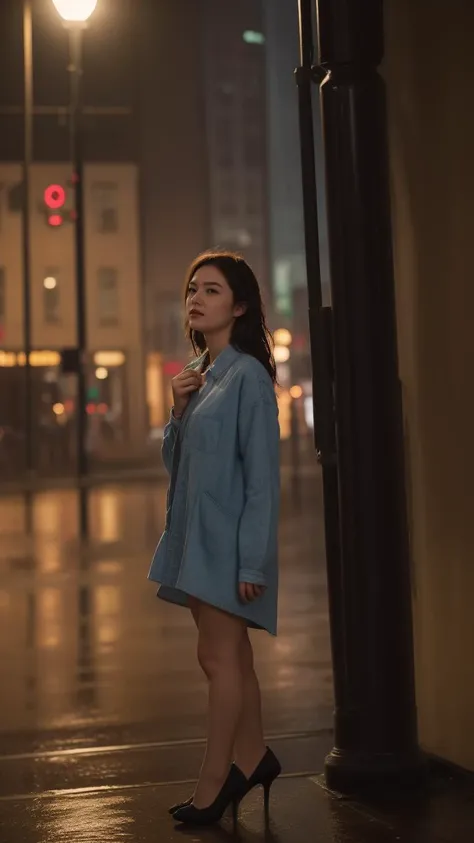 ((best quality)),8k,high detailed,ultra-detailed,midnight ambiance,Big Ben chimes,solitary figure under streetlamp,torrential rain,high heels standing out,sorrowful yet elegant pose,elusive identity,struggling to find self,flickering streetlights,air of menace,chaos,silhouette reflecting internal turmoil,profound heartache,elegant persistence,repeated sighs,self-reflection,societal roles,personal daily masks,price of love,lost souls,desire for belonging,night wanderer,seeking comfort,Whiskey warmth,Bossa Nova rhythm,nighttime ballroom,escapism,music and alcohol solace,full body shot,(dark moody lighting:1.1),(wet reflective surfaces:1.1),(detailed close-up of raindrops on surfaces:1.1),(flash of neon signs:1.2),(Cityscape as backdrop:1.1),(shadowy figures in the background:0.9),Solo performance in an urban setting,An array of expressions conveying desolation,Detailed texture of a rain-soaked garment,Emphasis on the contrast between light and darkness,Implied narrative of searching for home or wandering aimlessly,The physical stance of resilience in adversity,The abstraction of losing oneself or direction,Visual metaphor for societal expectations,Intertwining of personal and public personas,Reflection on the sacrifices made for love,Portrayal of loneliness among the crowd,Rain-splattered window showing the outside world,Whiskey glass with intricate details reflecting light,Intimate focus on character amidst expansive isolation,Elements indicating a yearning for genuine connection,Representation of the struggle between identity and anonymity,Brushstrokes suggesting movement through space and time,Composition that balances between visibility and obscurity,Capturing the moment just before or after decisive action,The depth of solitude amidst an otherwise lively ambiance,