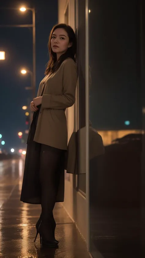 ((best quality)),8k,high detailed,ultra-detailed,midnight ambiance,Big Ben chimes,solitary figure under streetlamp,torrential rain,high heels standing out,sorrowful yet elegant pose,elusive identity,struggling to find self,flickering streetlights,air of menace,chaos,silhouette reflecting internal turmoil,profound heartache,elegant persistence,repeated sighs,self-reflection,societal roles,personal daily masks,price of love,lost souls,desire for belonging,night wanderer,seeking comfort,Whiskey warmth,Bossa Nova rhythm,nighttime ballroom,escapism,music and alcohol solace,full body shot,(dark moody lighting:1.1),(wet reflective surfaces:1.1),(detailed close-up of raindrops on surfaces:1.1),(flash of neon signs:1.2),(Cityscape as backdrop:1.1),(shadowy figures in the background:0.9),Solo performance in an urban setting,An array of expressions conveying desolation,Detailed texture of a rain-soaked garment,Emphasis on the contrast between light and darkness,Implied narrative of searching for home or wandering aimlessly,The physical stance of resilience in adversity,The abstraction of losing oneself or direction,Visual metaphor for societal expectations,Intertwining of personal and public personas,Reflection on the sacrifices made for love,Portrayal of loneliness among the crowd,Rain-splattered window showing the outside world,Whiskey glass with intricate details reflecting light,Intimate focus on character amidst expansive isolation,Elements indicating a yearning for genuine connection,Representation of the struggle between identity and anonymity,Brushstrokes suggesting movement through space and time,Composition that balances between visibility and obscurity,Capturing the moment just before or after decisive action,The depth of solitude amidst an otherwise lively ambiance,
