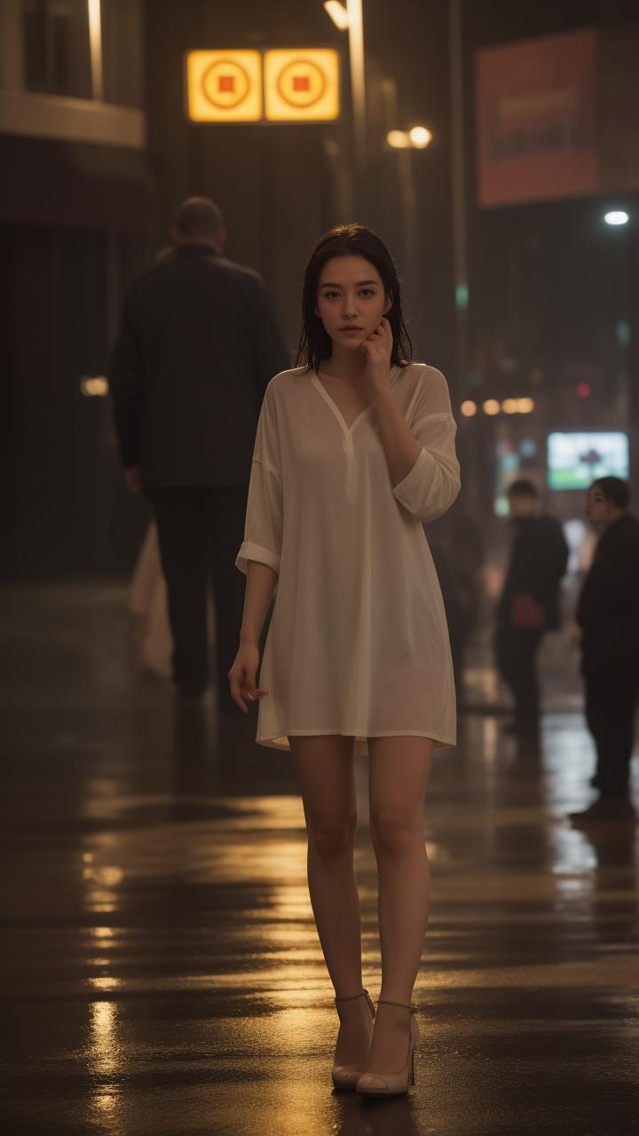 Araffe woman in white dress walking down a wet street at night - SeaArt AI