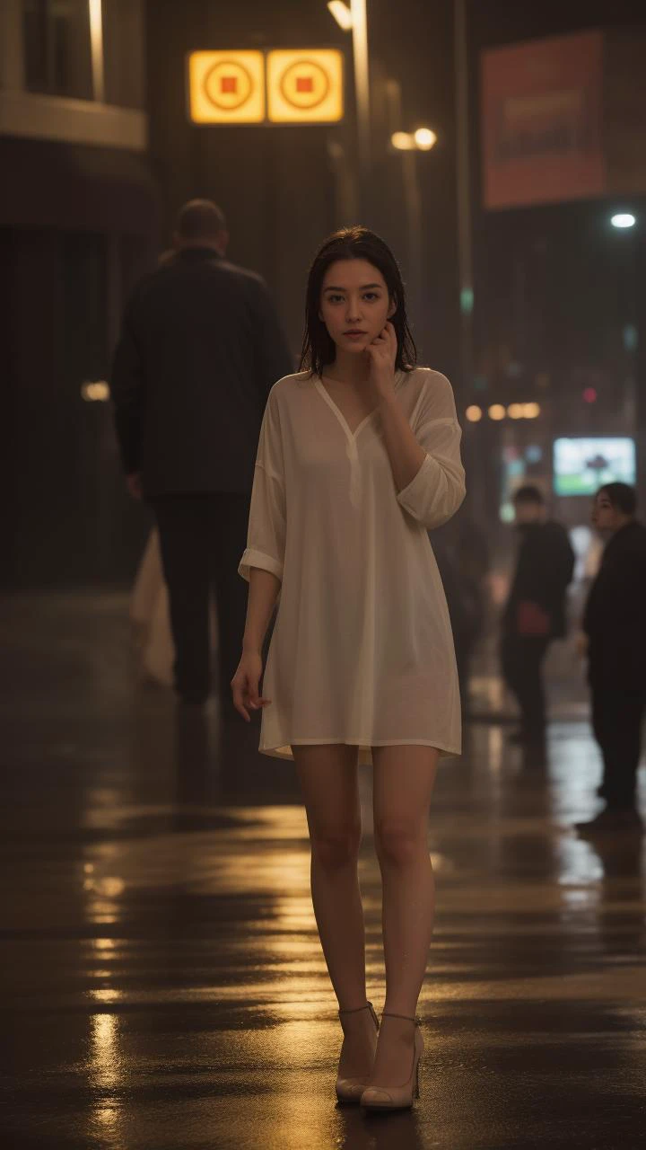 ((best quality)),8k,high detailed,ultra-detailed,midnight ambiance,Big Ben chimes,solitary figure under streetlamp,torrential rain,high heels standing out,sorrowful yet elegant pose,elusive identity,struggling to find self,flickering streetlights,air of menace,chaos,silhouette reflecting internal turmoil,profound heartache,elegant persistence,repeated sighs,self-reflection,societal roles,personal daily masks,price of love,lost souls,desire for belonging,night wanderer,seeking comfort,Whiskey warmth,Bossa Nova rhythm,nighttime ballroom,escapism,music and alcohol solace,full body shot,(dark moody lighting:1.1),(wet reflective surfaces:1.1),(detailed close-up of raindrops on surfaces:1.1),(flash of neon signs:1.2),(Cityscape as backdrop:1.1),(shadowy figures in the background:0.9),Solo performance in an urban setting,An array of expressions conveying desolation,Detailed texture of a rain-soaked garment,Emphasis on the contrast between light and darkness,Implied narrative of searching for home or wandering aimlessly,The physical stance of resilience in adversity,The abstraction of losing oneself or direction,Visual metaphor for societal expectations,Intertwining of personal and public personas,Reflection on the sacrifices made for love,Portrayal of loneliness among the crowd,Rain-splattered window showing the outside world,Whiskey glass with intricate details reflecting light,Intimate focus on character amidst expansive isolation,Elements indicating a yearning for genuine connection,Representation of the struggle between identity and anonymity,Brushstrokes suggesting movement through space and time,Composition that balances between visibility and obscurity,Capturing the moment just before or after decisive action,The depth of solitude amidst an otherwise lively ambiance,