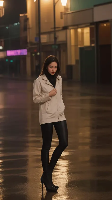 ((best quality)),8k,high detailed,ultra-detailed,midnight ambiance,Big Ben chimes,solitary figure under streetlamp,torrential rain,high heels standing out,sorrowful yet elegant pose,elusive identity,struggling to find self,flickering streetlights,air of menace,chaos,silhouette reflecting internal turmoil,profound heartache,elegant persistence,repeated sighs,self-reflection,societal roles,personal daily masks,price of love,lost souls,desire for belonging,night wanderer,seeking comfort,Whiskey warmth,Bossa Nova rhythm,nighttime ballroom,escapism,music and alcohol solace,full body shot,(dark moody lighting:1.1),(wet reflective surfaces:1.1),(detailed close-up of raindrops on surfaces:1.1),(flash of neon signs:1.2),(Cityscape as backdrop:1.1),(shadowy figures in the background:0.9),Solo performance in an urban setting,An array of expressions conveying desolation,Detailed texture of a rain-soaked garment,Emphasis on the contrast between light and darkness,Implied narrative of searching for home or wandering aimlessly,The physical stance of resilience in adversity,The abstraction of losing oneself or direction,Visual metaphor for societal expectations,Intertwining of personal and public personas,Reflection on the sacrifices made for love,Portrayal of loneliness among the crowd,Rain-splattered window showing the outside world,Whiskey glass with intricate details reflecting light,Intimate focus on character amidst expansive isolation,Elements indicating a yearning for genuine connection,Representation of the struggle between identity and anonymity,Brushstrokes suggesting movement through space and time,Composition that balances between visibility and obscurity,Capturing the moment just before or after decisive action,The depth of solitude amidst an otherwise lively ambiance,