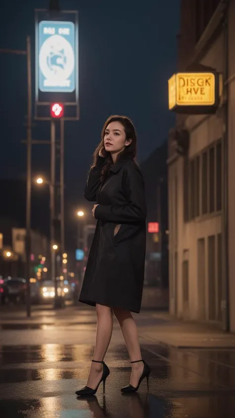 ((best quality)),8k,high detailed,ultra-detailed,midnight ambiance,Big Ben chimes,solitary figure under streetlamp,torrential rain,high heels standing out,sorrowful yet elegant pose,elusive identity,struggling to find self,flickering streetlights,air of menace,chaos,silhouette reflecting internal turmoil,profound heartache,elegant persistence,repeated sighs,self-reflection,societal roles,personal daily masks,price of love,lost souls,desire for belonging,night wanderer,seeking comfort,Whiskey warmth,Bossa Nova rhythm,nighttime ballroom,escapism,music and alcohol solace,full body shot,(dark moody lighting:1.1),(wet reflective surfaces:1.1),(detailed close-up of raindrops on surfaces:1.1),(flash of neon signs:1.2),(Cityscape as backdrop:1.1),(shadowy figures in the background:0.9),Solo performance in an urban setting,An array of expressions conveying desolation,Detailed texture of a rain-soaked garment,Emphasis on the contrast between light and darkness,Implied narrative of searching for home or wandering aimlessly,The physical stance of resilience in adversity,The abstraction of losing oneself or direction,Visual metaphor for societal expectations,Intertwining of personal and public personas,Reflection on the sacrifices made for love,Portrayal of loneliness among the crowd,Rain-splattered window showing the outside world,Whiskey glass with intricate details reflecting light,Intimate focus on character amidst expansive isolation,Elements indicating a yearning for genuine connection,Representation of the struggle between identity and anonymity,Brushstrokes suggesting movement through space and time,Composition that balances between visibility and obscurity,Capturing the moment just before or after decisive action,The depth of solitude amidst an otherwise lively ambiance,
