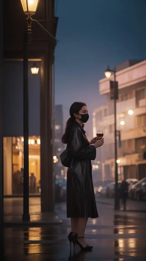 ((best quality)),8k,high detailed,ultra-detailed,midnight ambiance,Big Ben chimes,solitary figure under streetlamp,torrential rain,high heels standing out,sorrowful yet elegant pose,elusive identity,struggling to find self,flickering streetlights,air of menace,chaos,silhouette reflecting internal turmoil,profound heartache,elegant persistence,repeated sighs,self-reflection,societal roles,personal daily masks,price of love,lost souls,desire for belonging,night wanderer,seeking comfort,Whiskey warmth,Bossa Nova rhythm,nighttime ballroom,escapism,music and alcohol solace,full body shot,(dark moody lighting:1.1),(wet reflective surfaces:1.1),(detailed close-up of raindrops on surfaces:1.1),(flash of neon signs:1.2),(Cityscape as backdrop:1.1),(shadowy figures in the background:0.9),Solo performance in an urban setting,An array of expressions conveying desolation,Detailed texture of a rain-soaked garment,Emphasis on the contrast between light and darkness,Implied narrative of searching for home or wandering aimlessly,The physical stance of resilience in adversity,The abstraction of losing oneself or direction,Visual metaphor for societal expectations,Intertwining of personal and public personas,Reflection on the sacrifices made for love,Portrayal of loneliness among the crowd,Rain-splattered window showing the outside world,Whiskey glass with intricate details reflecting light,Intimate focus on character amidst expansive isolation,Elements indicating a yearning for genuine connection,Representation of the struggle between identity and anonymity,Brushstrokes suggesting movement through space and time,Composition that balances between visibility and obscurity,Capturing the moment just before or after decisive action,The depth of solitude amidst an otherwise lively ambiance,