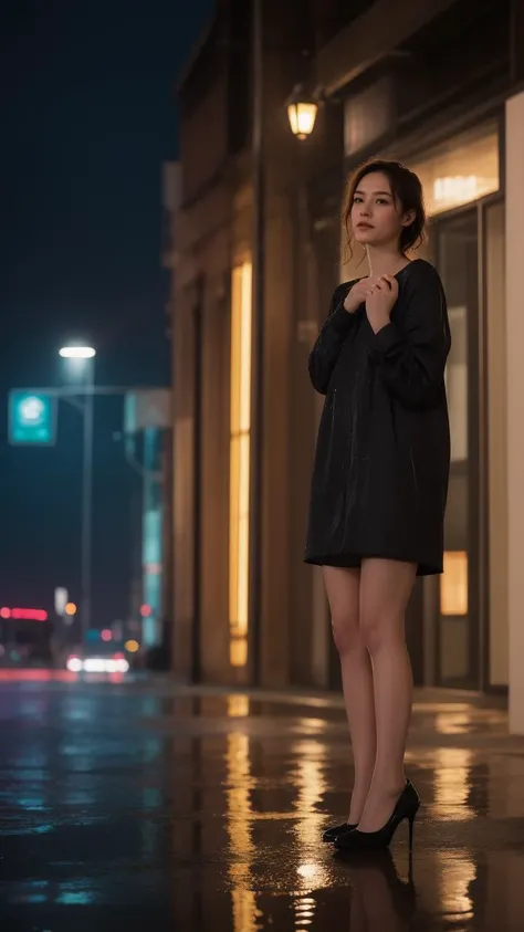 ((best quality)),8k,high detailed,ultra-detailed,midnight ambiance,Big Ben chimes,solitary figure under streetlamp,torrential rain,high heels standing out,sorrowful yet elegant pose,elusive identity,struggling to find self,flickering streetlights,air of menace,chaos,silhouette reflecting internal turmoil,profound heartache,elegant persistence,repeated sighs,self-reflection,societal roles,personal daily masks,price of love,lost souls,desire for belonging,night wanderer,seeking comfort,Whiskey warmth,Bossa Nova rhythm,nighttime ballroom,escapism,music and alcohol solace,full body shot,(dark moody lighting:1.1),(wet reflective surfaces:1.1),(detailed close-up of raindrops on surfaces:1.1),(flash of neon signs:1.2),(Cityscape as backdrop:1.1),(shadowy figures in the background:0.9),Solo performance in an urban setting,An array of expressions conveying desolation,Detailed texture of a rain-soaked garment,Emphasis on the contrast between light and darkness,Implied narrative of searching for home or wandering aimlessly,The physical stance of resilience in adversity,The abstraction of losing oneself or direction,Visual metaphor for societal expectations,Intertwining of personal and public personas,Reflection on the sacrifices made for love,Portrayal of loneliness among the crowd,Rain-splattered window showing the outside world,Whiskey glass with intricate details reflecting light,Intimate focus on character amidst expansive isolation,Elements indicating a yearning for genuine connection,Representation of the struggle between identity and anonymity,Brushstrokes suggesting movement through space and time,Composition that balances between visibility and obscurity,Capturing the moment just before or after decisive action,The depth of solitude amidst an otherwise lively ambiance,