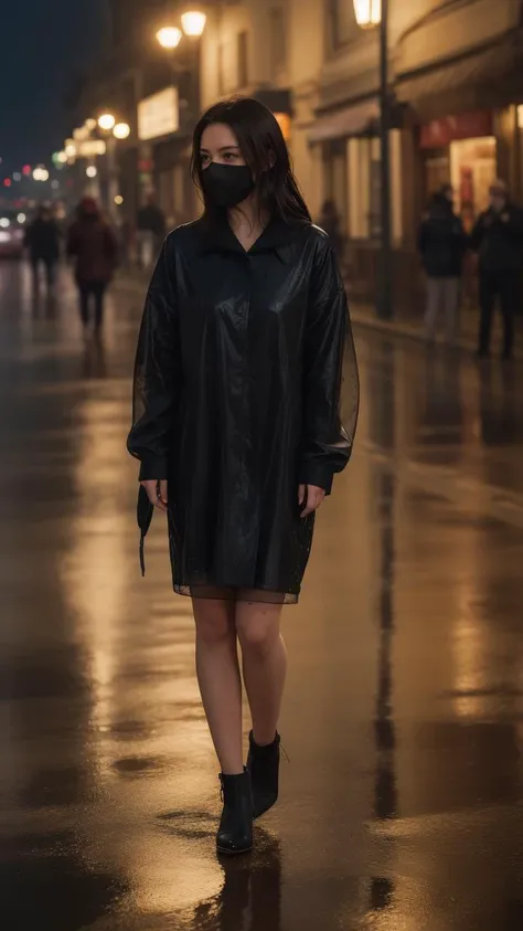 ((best quality)),8k,high detailed,ultra-detailed,midnight ambiance,Big Ben chimes,solitary figure under streetlamp,torrential rain,high heels standing out,sorrowful yet elegant pose,elusive identity,struggling to find self,flickering streetlights,air of menace,chaos,silhouette reflecting internal turmoil,profound heartache,elegant persistence,repeated sighs,self-reflection,societal roles,personal daily masks,price of love,lost souls,desire for belonging,night wanderer,seeking comfort,Whiskey warmth,Bossa Nova rhythm,nighttime ballroom,escapism,music and alcohol solace,full body shot,(dark moody lighting:1.1),(wet reflective surfaces:1.1),(detailed close-up of raindrops on surfaces:1.1),(flash of neon signs:1.2),(Cityscape as backdrop:1.1),(shadowy figures in the background:0.9),Solo performance in an urban setting,An array of expressions conveying desolation,Detailed texture of a rain-soaked garment,Emphasis on the contrast between light and darkness,Implied narrative of searching for home or wandering aimlessly,The physical stance of resilience in adversity,The abstraction of losing oneself or direction,Visual metaphor for societal expectations,Intertwining of personal and public personas,Reflection on the sacrifices made for love,Portrayal of loneliness among the crowd,Rain-splattered window showing the outside world,Whiskey glass with intricate details reflecting light,Intimate focus on character amidst expansive isolation,Elements indicating a yearning for genuine connection,Representation of the struggle between identity and anonymity,Brushstrokes suggesting movement through space and time,Composition that balances between visibility and obscurity,Capturing the moment just before or after decisive action,The depth of solitude amidst an otherwise lively ambiance,