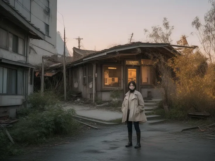 ((((masterpiece,best quality,8k,high detailed,ultra-detailed, film grain, realistic))), Afigure cloaked in tattered garments amidst a desolate cityscape,(nihilism),steampunk aesthetic,post-apocalyptic vibe,(enigmatic protagonist),gas mask,leather boots,(tangled wires),rusty gears,cogwheel armguard,steam billowing from pipes,high-rise ruins,foggy atmosphere,flickering neon signs,dystopian fashion,splintered wood debris,(digital billboard with cryptic symbols),overgrown vines on buildings,ragged trench coat,relics of technology scattered,crimson sky at dusk,hollow eyes,contrast of shadow and sparse light,(pockets of survival shelter),melancholy aura,solitude,ancient clock tower standing askew,reflection on damp cobblestone street,boss,,