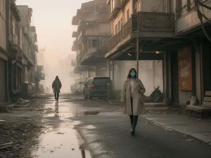 ((((masterpiece,best quality,8k,high detailed,ultra-detailed, film grain, realistic))), Afigure cloaked in tattered garments amidst a desolate cityscape,(nihilism),steampunk aesthetic,post-apocalyptic vibe,(enigmatic protagonist),gas mask,leather boots,(tangled wires),rusty gears,cogwheel armguard,steam billowing from pipes,high-rise ruins,foggy atmosphere,flickering neon signs,dystopian fashion,splintered wood debris,(digital billboard with cryptic symbols),overgrown vines on buildings,ragged trench coat,relics of technology scattered,crimson sky at dusk,hollow eyes,contrast of shadow and sparse light,(pockets of survival shelter),melancholy aura,solitude,ancient clock tower standing askew,reflection on damp cobblestone street,boss,,