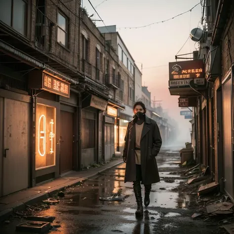 masterpiece,best quality,8k,high detailed,ultra-detailed,Afigure cloaked in tattered garments amidst a desolate cityscape,(nihilism),steampunk aesthetic,post-apocalyptic vibe,(enigmatic protagonist),gas mask,leather boots,(tangled wires),rusty gears,cogwheel armguard,steam billowing from pipes,high-rise ruins,foggy atmosphere,flickering neon signs,dystopian fashion,splintered wood debris,(digital billboard with cryptic symbols),overgrown vines on buildings,ragged trench coat,relics of technology scattered,crimson sky at dusk,hollow eyes,contrast of shadow and sparse light,(pockets of survival shelter),melancholy aura,solitude,ancient clock tower standing askew,reflection on damp cobblestone street,boss,