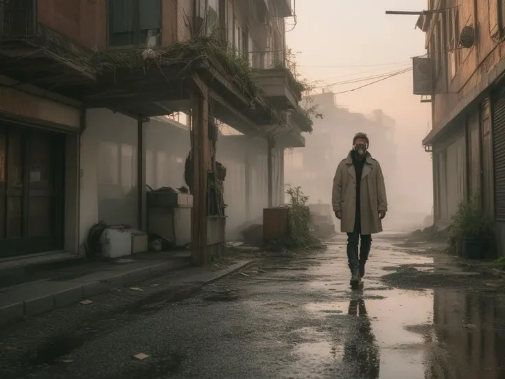 ((((masterpiece,best quality,8k,high detailed,ultra-detailed, film grain, realistic))), Afigure cloaked in tattered garments amidst a desolate cityscape,(nihilism),steampunk aesthetic,post-apocalyptic vibe,(enigmatic protagonist),gas mask,leather boots,(tangled wires),rusty gears,cogwheel armguard,steam billowing from pipes,high-rise ruins,foggy atmosphere,flickering neon signs,dystopian fashion,splintered wood debris,(digital billboard with cryptic symbols),overgrown vines on buildings,ragged trench coat,relics of technology scattered,crimson sky at dusk,hollow eyes,contrast of shadow and sparse light,(pockets of survival shelter),melancholy aura,solitude,ancient clock tower standing askew,reflection on damp cobblestone street,boss,,