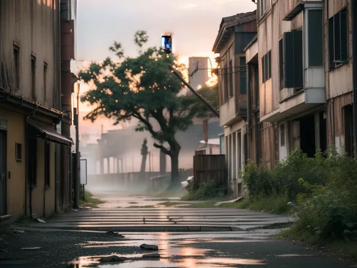 ((((masterpiece,best quality,8k,high detailed,ultra-detailed, film grain, realistic))), Afigure cloaked in tattered garments amidst a desolate cityscape,(nihilism),steampunk aesthetic,post-apocalyptic vibe,(enigmatic protagonist),gas mask,leather boots,(tangled wires),rusty gears,cogwheel armguard,steam billowing from pipes,high-rise ruins,foggy atmosphere,flickering neon signs,dystopian fashion,splintered wood debris,(digital billboard with cryptic symbols),overgrown vines on buildings,ragged trench coat,relics of technology scattered,crimson sky at dusk,hollow eyes,contrast of shadow and sparse light,(pockets of survival shelter),melancholy aura,solitude,ancient clock tower standing askew,reflection on damp cobblestone street,boss,,