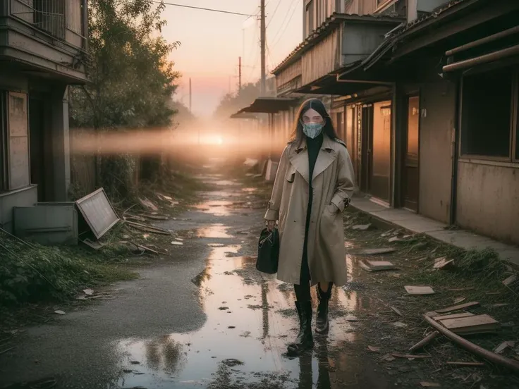 ((((masterpiece,best quality,8k,high detailed,ultra-detailed, film grain, realistic))), Afigure cloaked in tattered garments amidst a desolate cityscape,(nihilism),steampunk aesthetic,post-apocalyptic vibe,(enigmatic protagonist),gas mask,leather boots,(tangled wires),rusty gears,cogwheel armguard,steam billowing from pipes,high-rise ruins,foggy atmosphere,flickering neon signs,dystopian fashion,splintered wood debris,(digital billboard with cryptic symbols),overgrown vines on buildings,ragged trench coat,relics of technology scattered,crimson sky at dusk,hollow eyes,contrast of shadow and sparse light,(pockets of survival shelter),melancholy aura,solitude,ancient clock tower standing askew,reflection on damp cobblestone street,boss,,