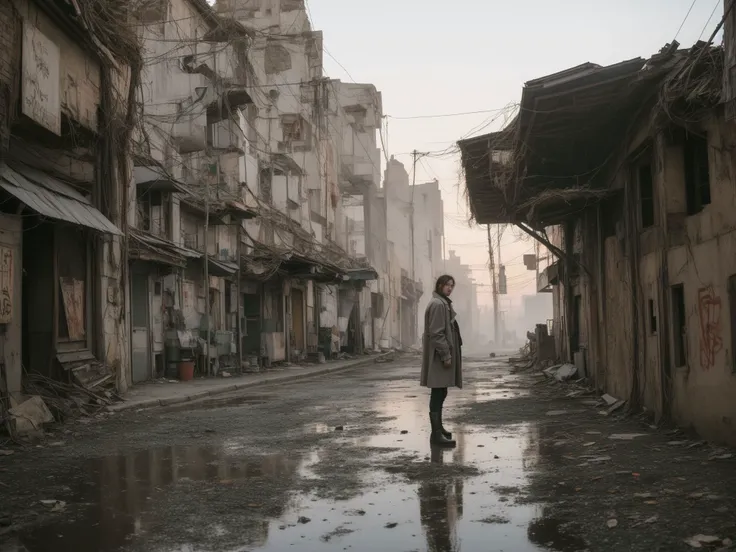 ((((masterpiece,best quality,8k,high detailed,ultra-detailed, film grain, realistic))), Afigure cloaked in tattered garments amidst a desolate cityscape,(nihilism),steampunk aesthetic,post-apocalyptic vibe,(enigmatic protagonist),gas mask,leather boots,(tangled wires),rusty gears,cogwheel armguard,steam billowing from pipes,high-rise ruins,foggy atmosphere,flickering neon signs,dystopian fashion,splintered wood debris,(digital billboard with cryptic symbols),overgrown vines on buildings,ragged trench coat,relics of technology scattered,crimson sky at dusk,hollow eyes,contrast of shadow and sparse light,(pockets of survival shelter),melancholy aura,solitude,ancient clock tower standing askew,reflection on damp cobblestone street,boss,,