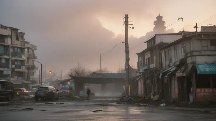 (masterpiece, best quality, 8k, high detailed, ultra-detailed, film grain, realistic, Vivid, Colorful:1.44),(A figure cloaked in tattered garments amidst a desolate Taiwan cityscape:1.33),(nihilism:1.1),steampunk aesthetic,post-apocalyptic vibe,(enigmatic protagonist:1.1),gas mask,leather boots,(tangled wires:1.1),rusty gears,cogwheel armguard,steam billowing from pipes,high-rise ruins,foggy atmosphere,flickering neon signs,dystopian fashion,splintered wood debris,(digital billboard with cryptic symbols:1.1),overgrown vines on buildings,ragged trench coat,relics of technology scattered,crimson sky at dusk,hollow eyes,contrast of shadow and sparse light,(pockets of survival shelter:1.1),melancholy aura,solitude,ancient clock tower standing askew,reflection on damp cobblestone street,boss,