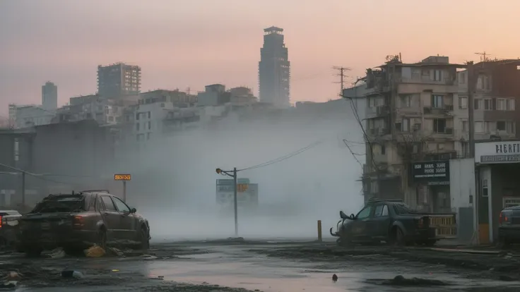 Realistic Los Angeles Collapsed buildings with crumbling buildings and debris-filled streets depicting the aftermath of destruction, cars covered in dust,very foggy weather, Ultra 8k, gray weather, realism, cinematic lighting, volumetric lighting, very detailed, background blur