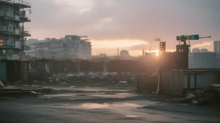 (masterpiece, best quality, 8k, high detailed, ultra-detailed, film grain, realistic, Vivid, Colorful:1.44),(A figure cloaked in tattered garments amidst a desolate Taiwan cityscape:1.33),(nihilism:1.1),steampunk aesthetic,post-apocalyptic vibe,(enigmatic protagonist:1.1),gas mask,leather boots,(tangled wires:1.1),rusty gears,cogwheel armguard,steam billowing from pipes,high-rise ruins,foggy atmosphere,flickering neon signs,dystopian fashion,splintered wood debris,(digital billboard with cryptic symbols:1.1),overgrown vines on buildings,ragged trench coat,relics of technology scattered,crimson sky at dusk,hollow eyes,contrast of shadow and sparse light,(pockets of survival shelter:1.1),melancholy aura,solitude,ancient clock tower standing askew,reflection on damp cobblestone street,boss,