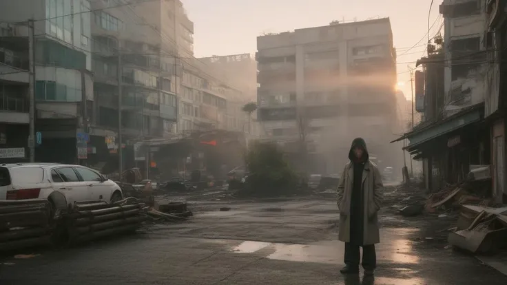 (masterpiece, best quality, 8k, high detailed, ultra-detailed, film grain, realistic, Vivid, Colorful:1.44),(A figure cloaked in tattered garments amidst a desolate Taiwan cityscape:1.33),(nihilism:1.1),steampunk aesthetic,post-apocalyptic vibe,(enigmatic protagonist:1.1),gas mask,leather boots,(tangled wires:1.1),rusty gears,cogwheel armguard,steam billowing from pipes,high-rise ruins,foggy atmosphere,flickering neon signs,dystopian fashion,splintered wood debris,(digital billboard with cryptic symbols:1.1),overgrown vines on buildings,ragged trench coat,relics of technology scattered,crimson sky at dusk,hollow eyes,contrast of shadow and sparse light,(pockets of survival shelter:1.1),melancholy aura,solitude,ancient clock tower standing askew,reflection on damp cobblestone street,boss,