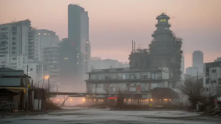 (masterpiece, best quality, 8k, high detailed, ultra-detailed, film grain, realistic, Vivid, Colorful:1.44),(A figure cloaked in tattered garments amidst a desolate Taiwan cityscape:1.33),(nihilism:1.1),steampunk aesthetic,post-apocalyptic vibe,(enigmatic protagonist:1.1),gas mask,leather boots,(tangled wires:1.1),rusty gears,cogwheel armguard,steam billowing from pipes,high-rise ruins,foggy atmosphere,flickering neon signs,dystopian fashion,splintered wood debris,(digital billboard with cryptic symbols:1.1),overgrown vines on buildings,ragged trench coat,relics of technology scattered,crimson sky at dusk,hollow eyes,contrast of shadow and sparse light,(pockets of survival shelter:1.1),melancholy aura,solitude,ancient clock tower standing askew,reflection on damp cobblestone street,boss,