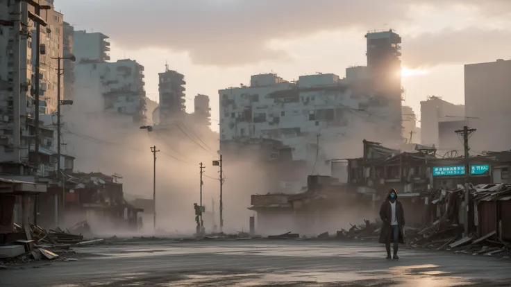 (masterpiece, best quality, 8k, high detailed, ultra-detailed, film grain, realistic, Vivid, Colorful:1.44),(A figure cloaked in tattered garments amidst a desolate Taiwan cityscape:1.33),(nihilism:1.1),steampunk aesthetic,post-apocalyptic vibe,(enigmatic protagonist:1.1),gas mask,leather boots,(tangled wires:1.1),rusty gears,cogwheel armguard,steam billowing from pipes,high-rise ruins,foggy atmosphere,flickering neon signs,dystopian fashion,splintered wood debris,(digital billboard with cryptic symbols:1.1),overgrown vines on buildings,ragged trench coat,relics of technology scattered,crimson sky at dusk,hollow eyes,contrast of shadow and sparse light,(pockets of survival shelter:1.1),melancholy aura,solitude,ancient clock tower standing askew,reflection on damp cobblestone street,boss,