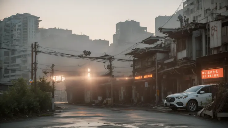(masterpiece, best quality, 8k, high detailed, ultra-detailed, film grain, realistic, Vivid, Colorful:1.44),(A figure cloaked in tattered garments amidst a desolate Taiwan cityscape:1.33),(nihilism:1.1),steampunk aesthetic,post-apocalyptic vibe,(enigmatic protagonist:1.1),gas mask,leather boots,(tangled wires:1.1),rusty gears,cogwheel armguard,steam billowing from pipes,high-rise ruins,foggy atmosphere,flickering neon signs,dystopian fashion,splintered wood debris,(digital billboard with cryptic symbols:1.1),overgrown vines on buildings,ragged trench coat,relics of technology scattered,crimson sky at dusk,hollow eyes,contrast of shadow and sparse light,(pockets of survival shelter:1.1),melancholy aura,solitude,ancient clock tower standing askew,reflection on damp cobblestone street,boss,