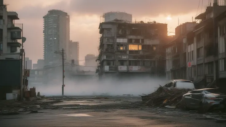 (masterpiece, best quality, 8k, high detailed, ultra-detailed, film grain, realistic, Vivid, Colorful:1.44),(A figure cloaked in tattered garments amidst a desolate Taiwan cityscape:1.33),(nihilism:1.1),steampunk aesthetic,post-apocalyptic vibe,(enigmatic protagonist:1.1),gas mask,leather boots,(tangled wires:1.1),rusty gears,cogwheel armguard,steam billowing from pipes,high-rise ruins,foggy atmosphere,flickering neon signs,dystopian fashion,splintered wood debris,(digital billboard with cryptic symbols:1.1),overgrown vines on buildings,ragged trench coat,relics of technology scattered,crimson sky at dusk,hollow eyes,contrast of shadow and sparse light,(pockets of survival shelter:1.1),melancholy aura,solitude,ancient clock tower standing askew,reflection on damp cobblestone street,boss,