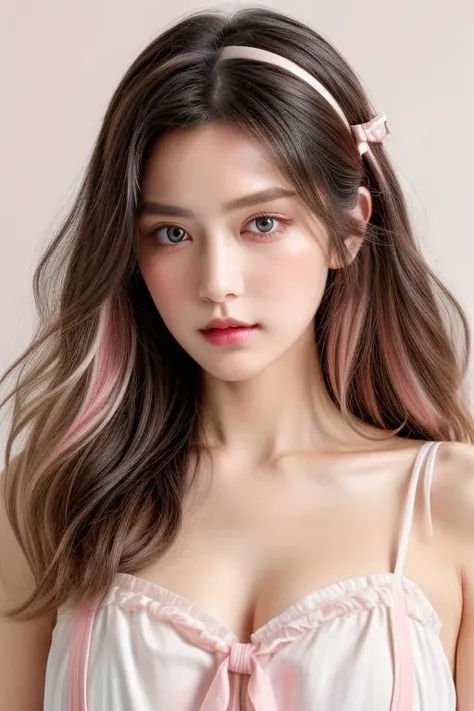 (((best quality, masterpiece, ultra-detailed,high quality photography, Canon EOS R3, photorealistic, fashion photography, sweet, fashion pose, Furrowed Brow))),stylized and artistic appearance,((long wavy hair with a mix of pink and white colors)),a soft and whimsical vibe,light-colored_pink_top with a ruffled neckline,The woman is also adorned with accessories that include a headband with a bow and what looks like a feather or a decorative element on the side,The overall aesthetic is very cute and playful,with a focus on pastel colors and a fantasy-like quality,simple background,upper body,<lora:add_detail 3:1>,<lora:pcm_sd15_normalcfg_16step:1>,